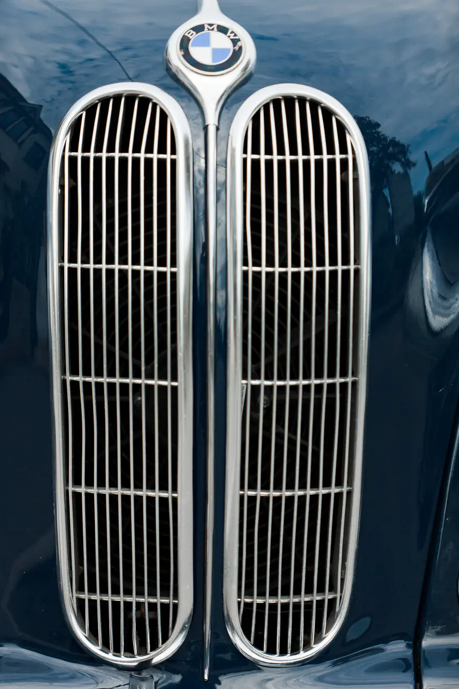 A close-up of a dark blue vintage BMW car's hood features its iconic kidney grille.Close-up of the front grill and BMW logo on a dark blue vintage car.