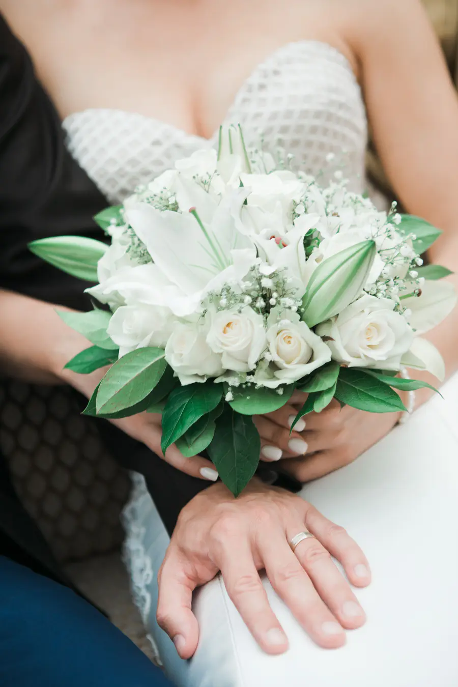 Close-up of a beautiful bridal bouquet with natural floral arrangements
