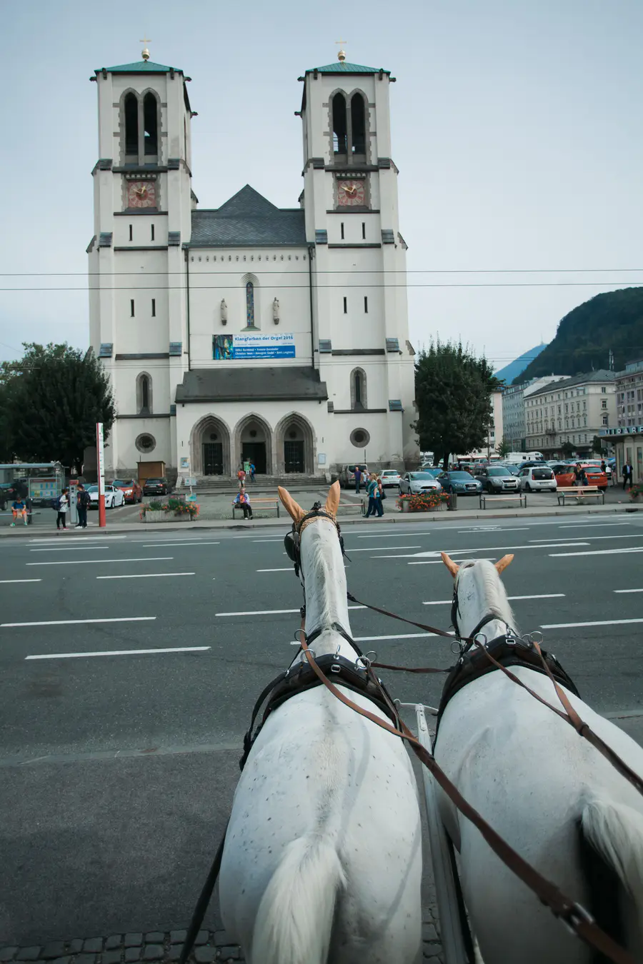A unique point-of-view shot from the coachman's seat, looking over the horses towards the sun-drenched historic streets of Salzburg.