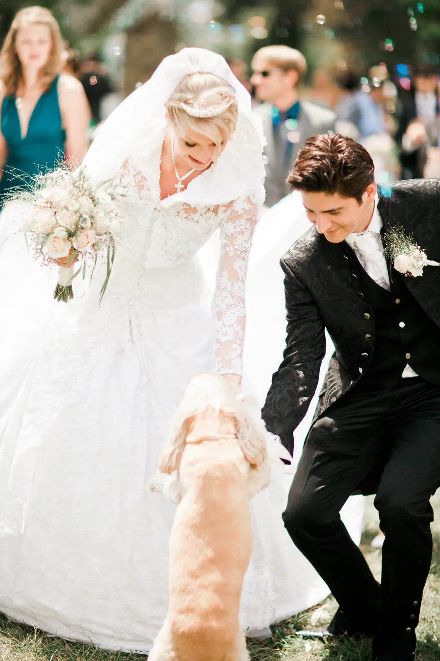 A bride in a white lace wedding dress and a groom in a black suit bend down to pet a tan dog.