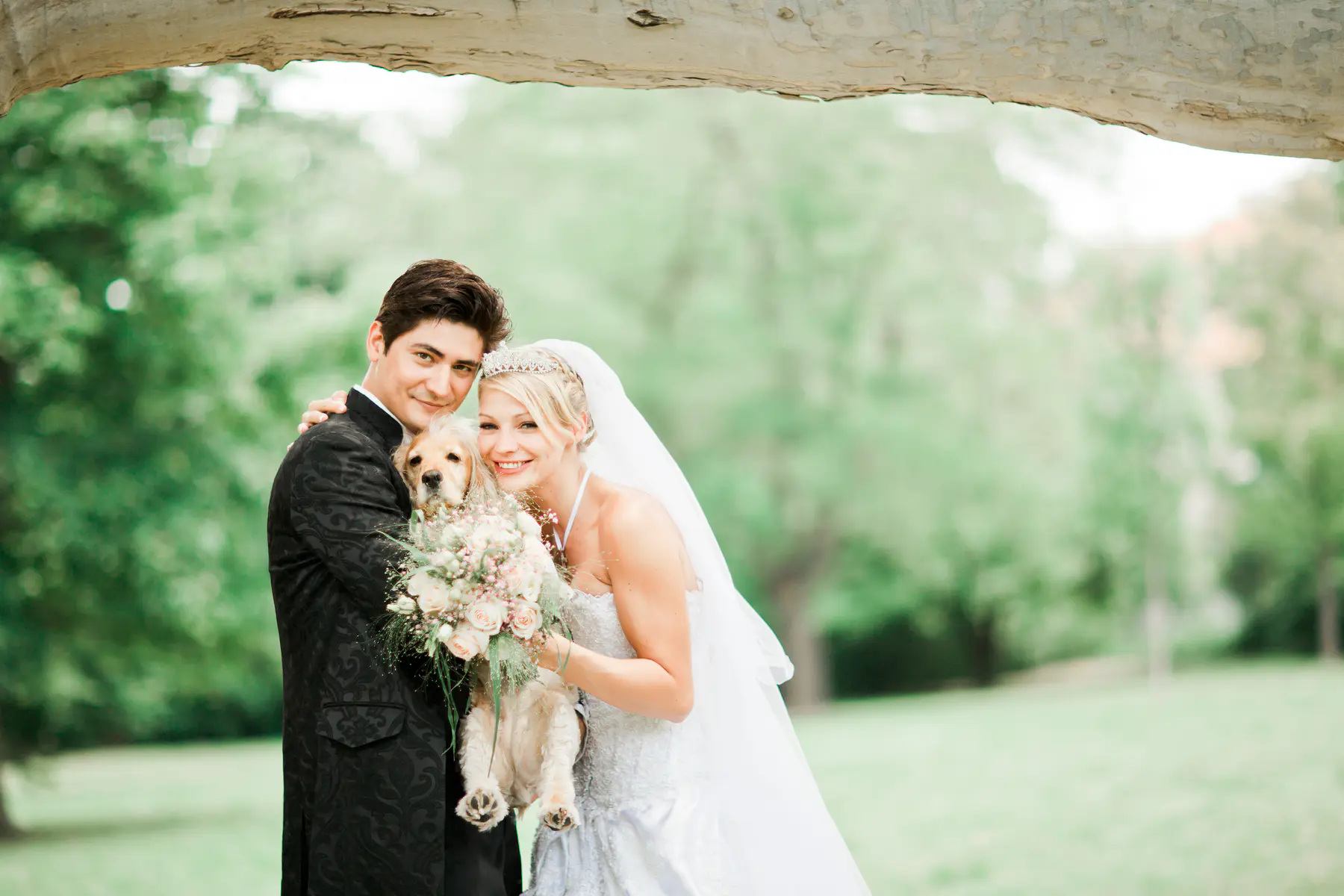 A bride and groom in wedding attire embrace a light-colored dog while holding a bouquet of roses at Schloss Hetzendorf
