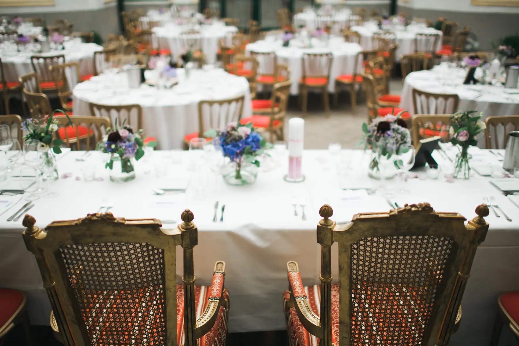 Luxury wedding tables, golden chairs, flower decor, round and long tables 