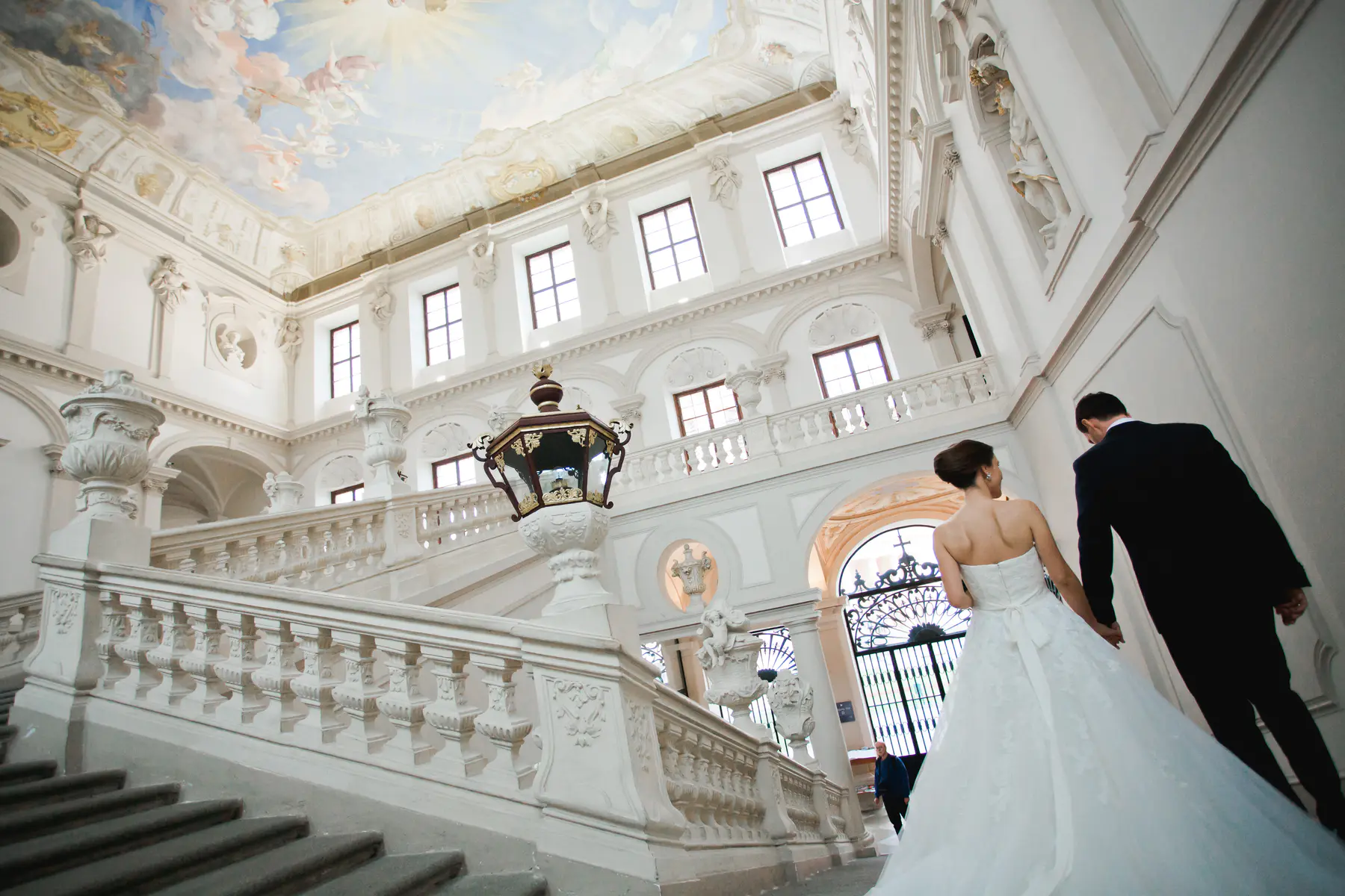 Couple in luxury hall. High-end editorial wedding portraits in Vienna, luxury palace aesthetic