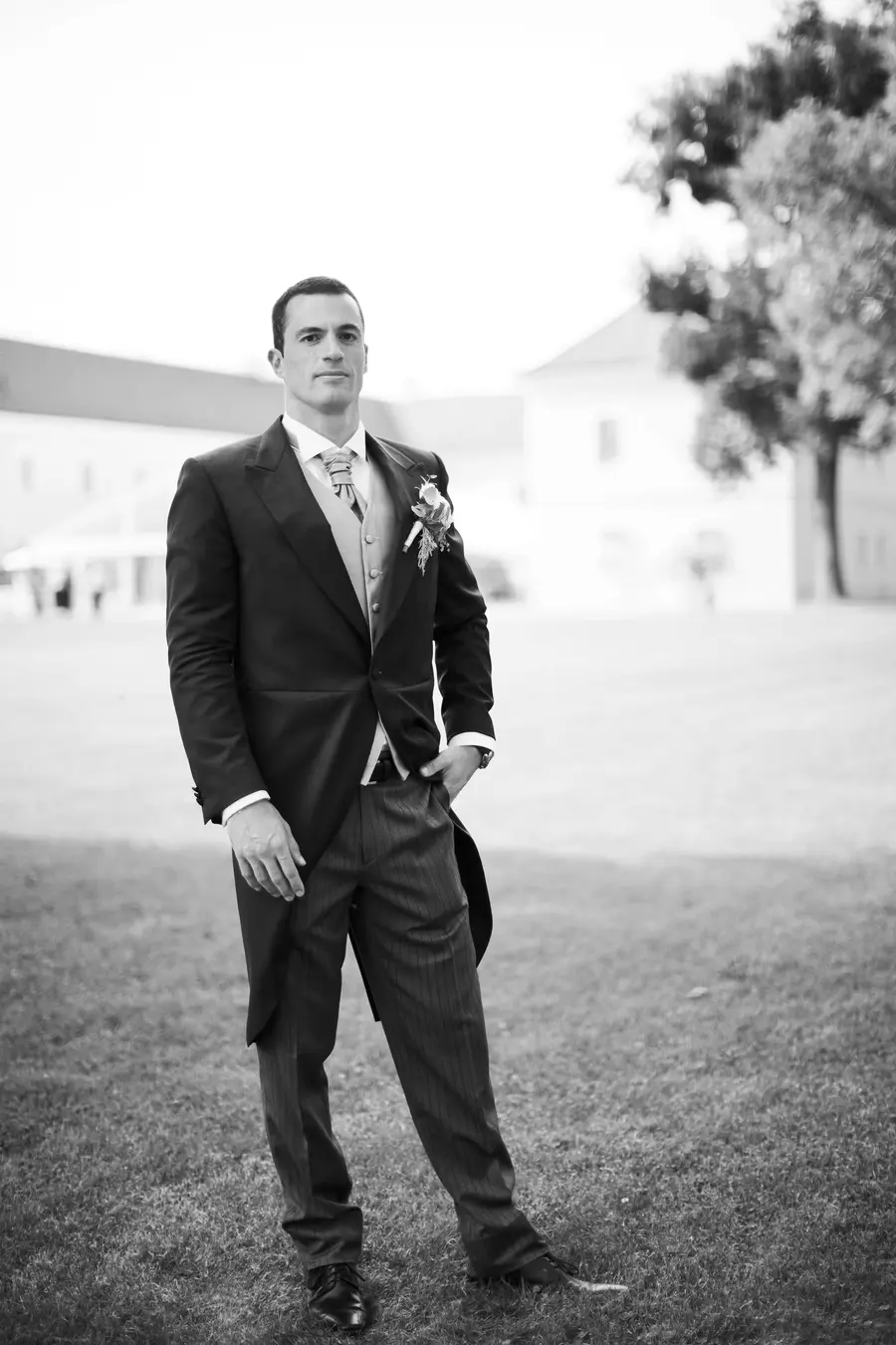 Groom elegant Solo Portrait in Garden - the essence of style. Natural wedding photographers Slovakia. Marek and Klára wedding photography