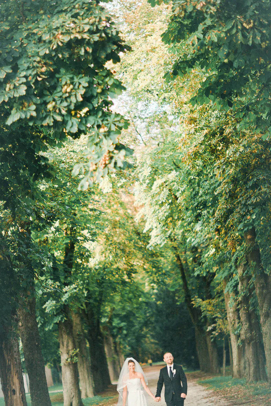 A bride and groom walk hand-in-hand down a tree-lined path.